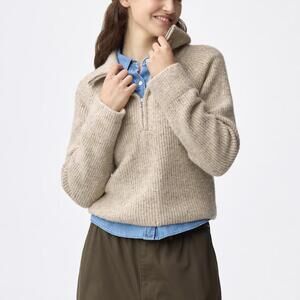 Uniqlo GU Flecked Half-Zip Knitted Pullover NWT Beige XS